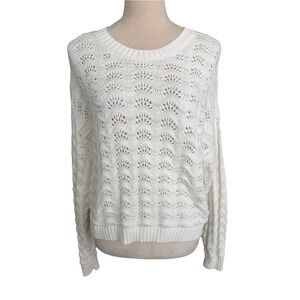 Hollister White Crew Neck Sweater Womens L Cable Knit Preppy Y2K Cotton Wavy